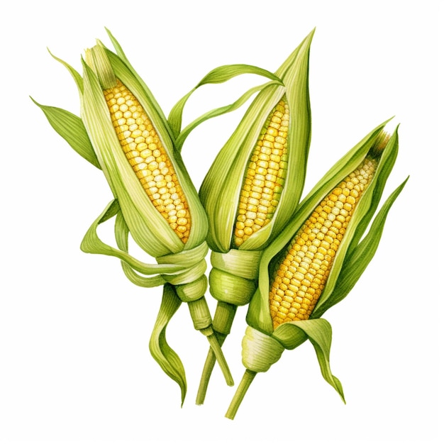 Photo there are three corns that are on the stalk with leaves generative ai