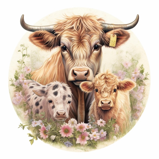 there are three cows standing in a field of flowers generative ai