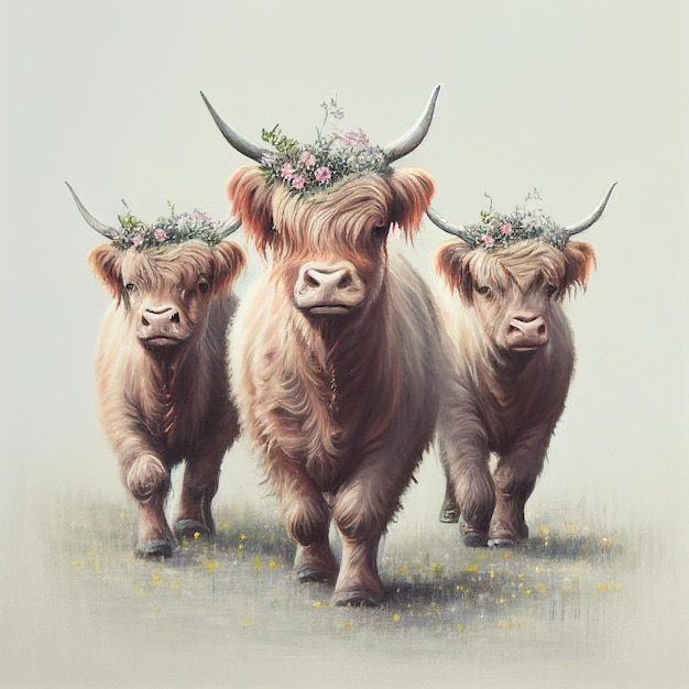 頭に角と花が生えた3頭の牛がいる生成ai