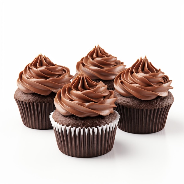 There are three cupcakes with chocolate frosting on a white surface generative ai