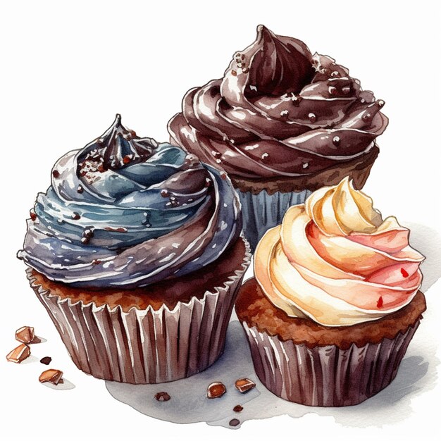 there are three cupcakes with different colored frosting on them generative ai