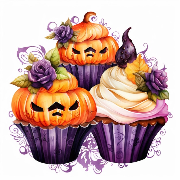 There are three cupcakes with pumpkin faces on them generative ai