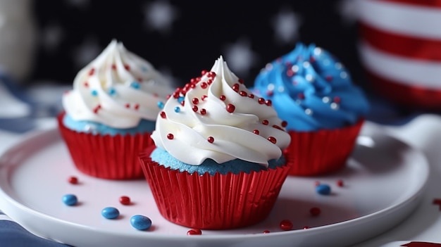 There are three cupcakes with white frosting and red generative ai