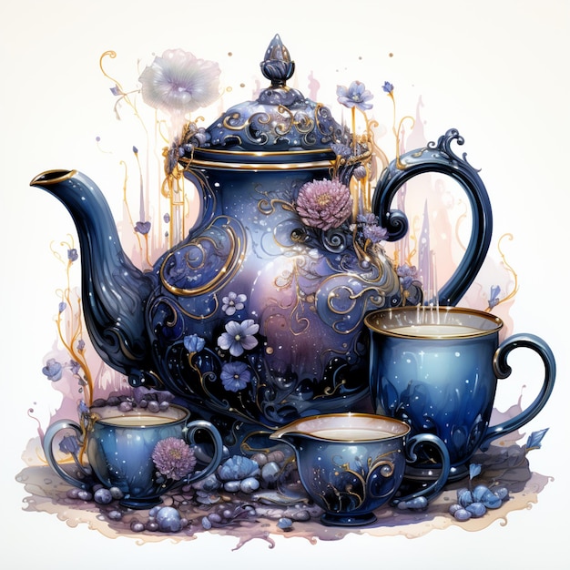 there are three cups of coffee and a teapot on the table generative ai