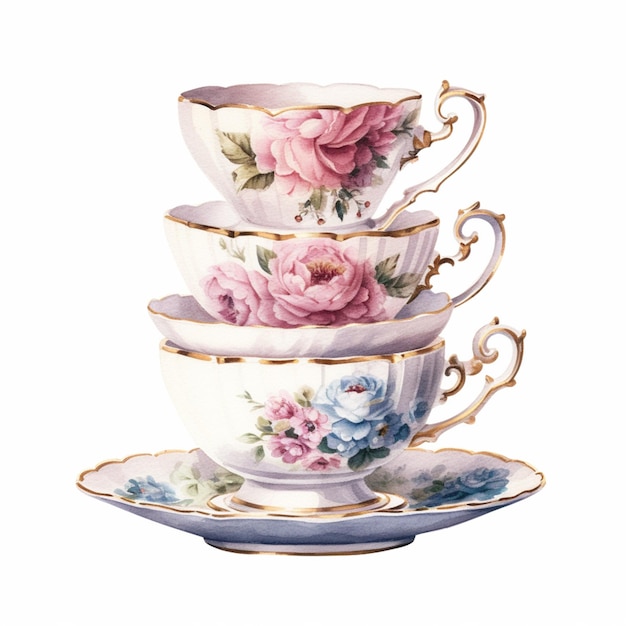 There are three cups and saucers stacked on top of each other generative ai