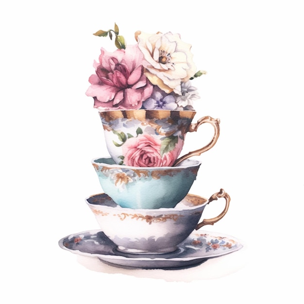 There are three cups and saucers with flowers on them generative ai