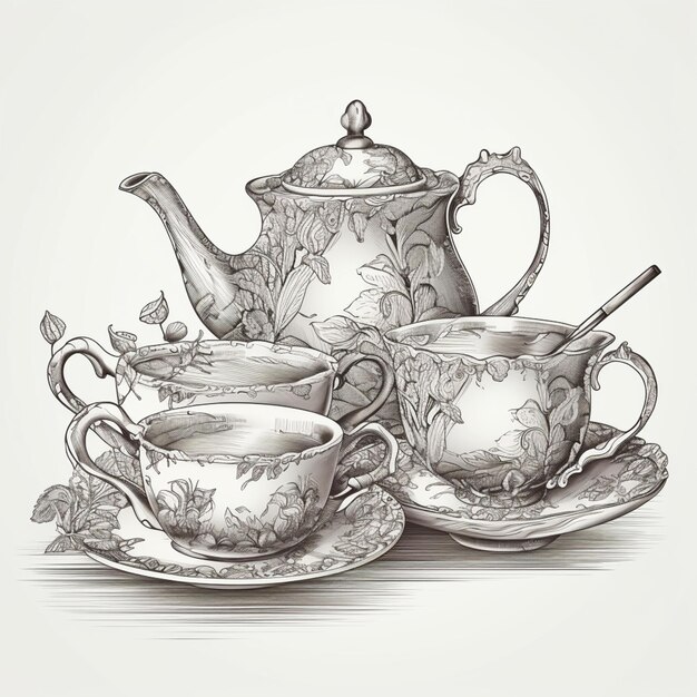 there are three cups and a teapot on a plate generative ai