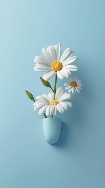 There are three daisies in a blue vase on a blue surface generative ai