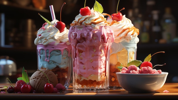 there are three different desserts in tall glasses on a table generative ai