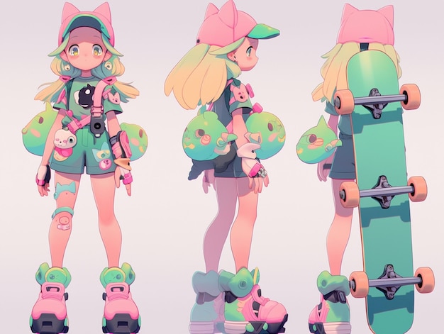 There are three different poses of a girl with a skateboard generative ai