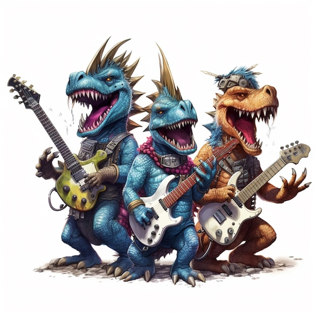 There are three dinosaurs playing guitars and singing together generative ai