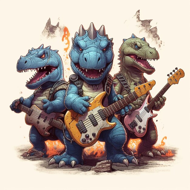 There are three dinosaurs playing guitars and singing together generative ai