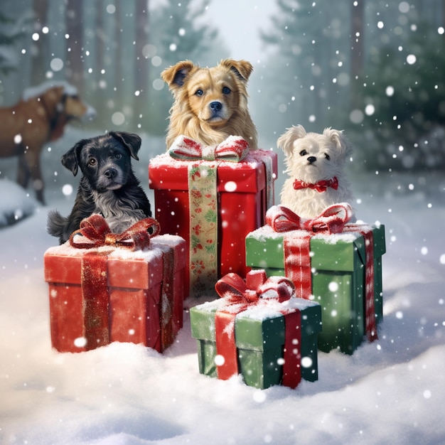 Есть три собаки, сидящие в куче подарков в снегу.