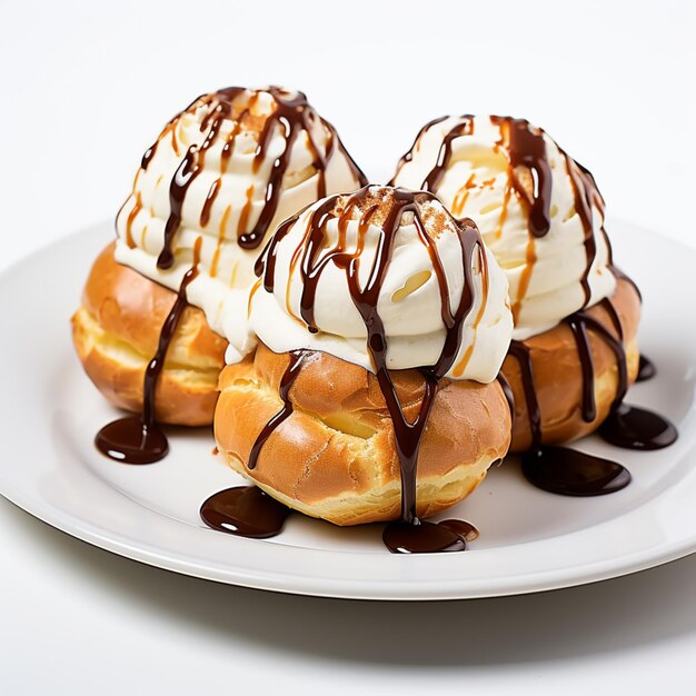 皿の上にアイスクリームとチョコレートソースが付いたドーナツが3つある生成AI