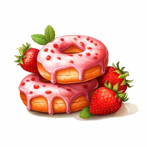 there are three donuts with pink icing and strawberries on the table generative ai