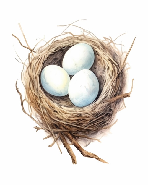 There are three eggs in a nest with a white background generative ai