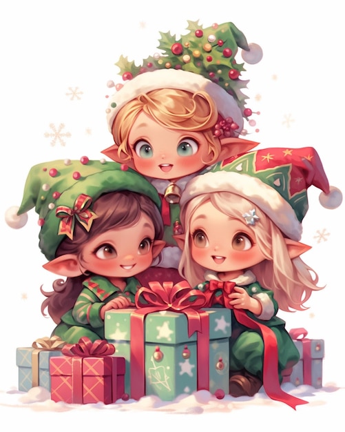 There are three elves sitting on a pile of presents generative ai