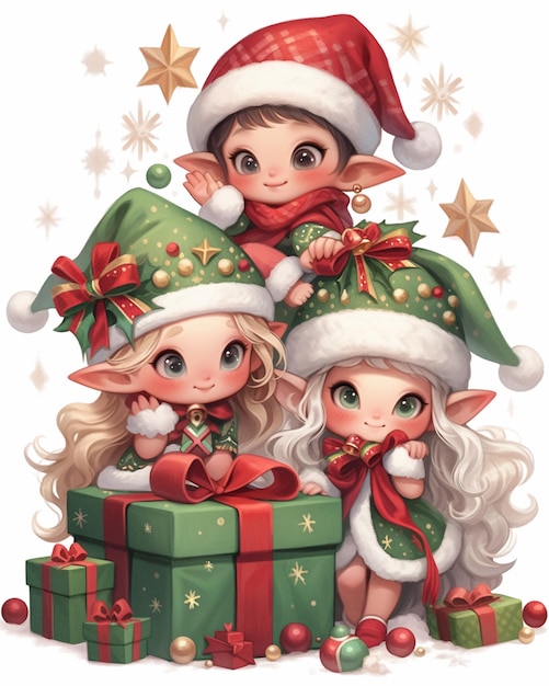 There are three elves sitting on a present box with presents generative ai