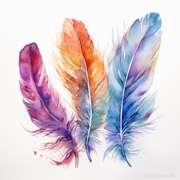 there are three feathers that are painted in different colors generative ai