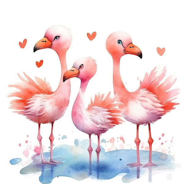 There are three flamingos standing in a row with hearts on the background generative ai