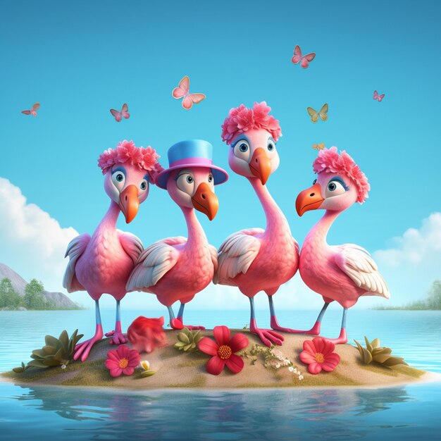 Photo there are three flamingos standing on a small island with flowers generative ai