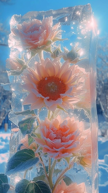 사진 눈 인 표면에 은 플라스틱 가방에 세 개의 꽃이 있습니다.