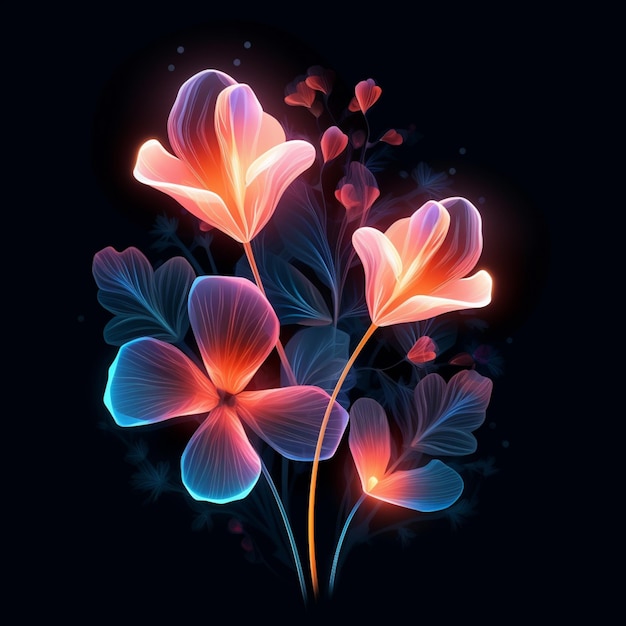There are three flowers that are glowing brightly against a black background generative ai