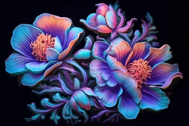 Photo there are three flowers that are painted in a very colorful way generative ai