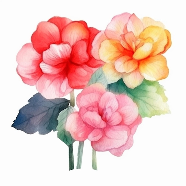 There are three flowers that are painted in watercolor on a white background generative ai