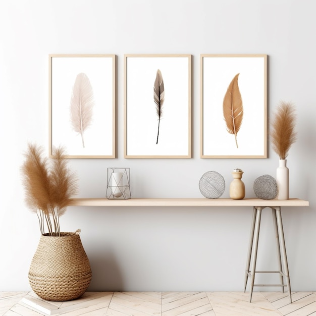 Photo there are three framed pictures of feathers on a wall above a table generative ai