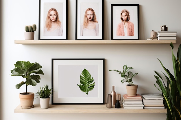 there are three framed pictures of a woman on a shelf generative ai