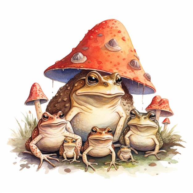 There are three frogs sitting under a mushroom on the ground generative ai