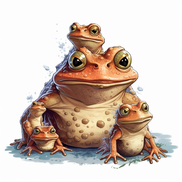 There are three frogs that are sitting together on the ground generative ai