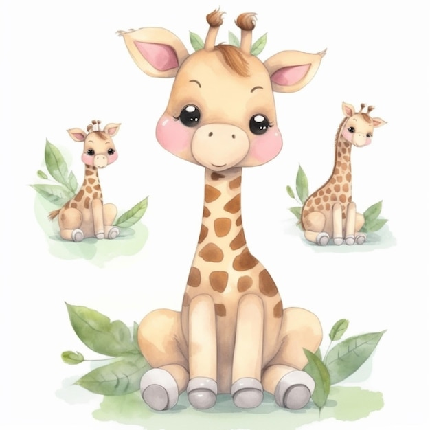 Есть три жирафа, сидящие на земле с листьями генеративной аи