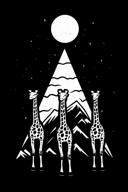 Photo there are three giraffes standing in front of a mountain with a full moon generative ai