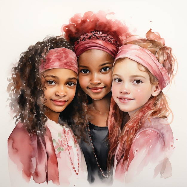 there are three girls with pink hair and head scarves on generative ai