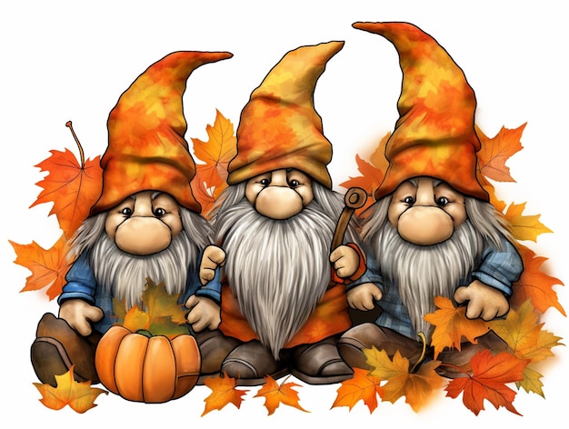 there are three gnomes sitting on the ground with pumpkins generative ai