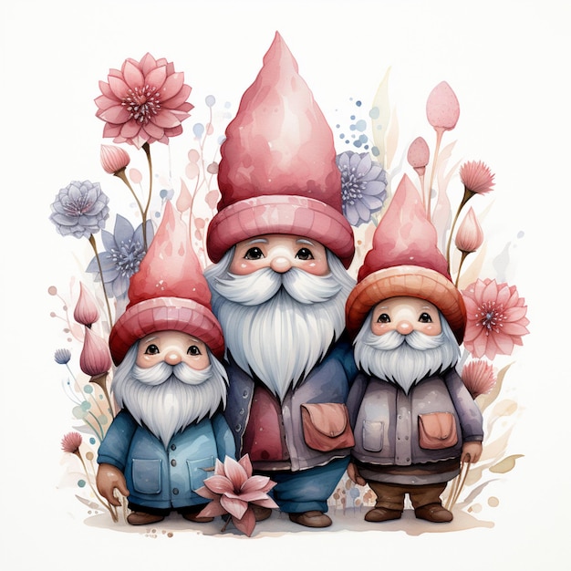 there are three gnomes standing next to each other in a garden generative ai