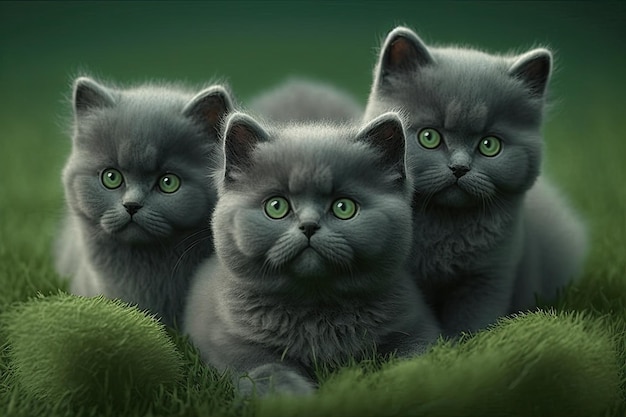 There are three gray kittens on fake green grass