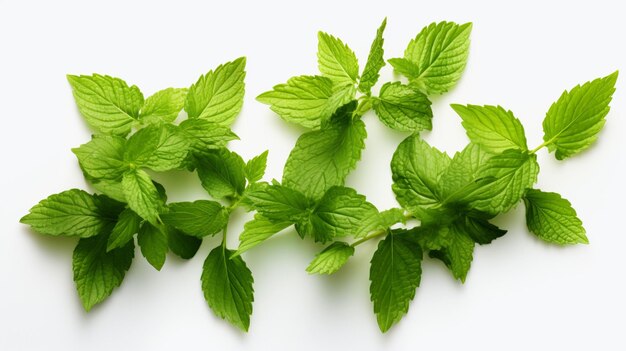 there are three green leaves of a plant on a white surface generative ai