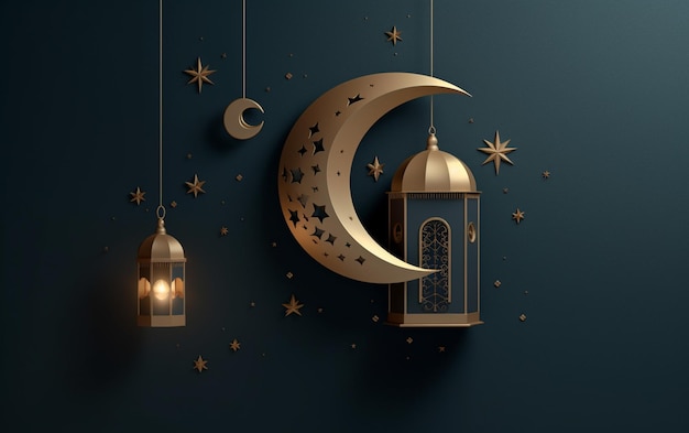 There are three hanging lanterns and a crescent on a wall generative ai