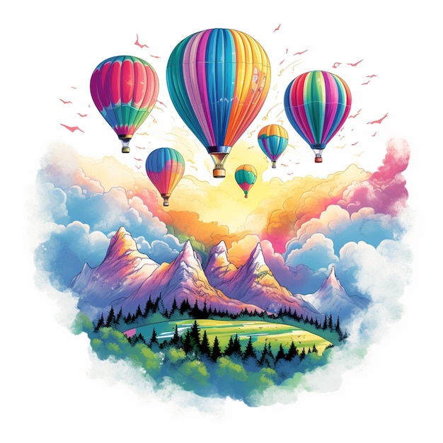 there are three hot air balloons flying over a mountain range generative ai