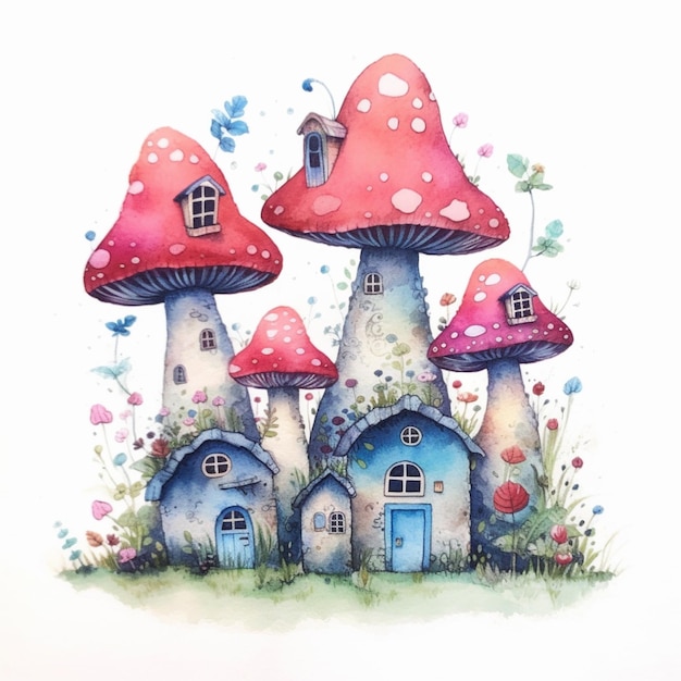 there are three houses with red mushrooms on the roof generative ai
