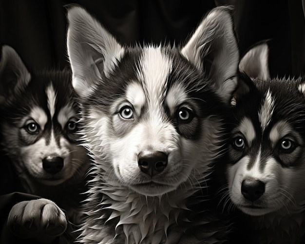 there are three husky dogs that are sitting together in the dark generative ai