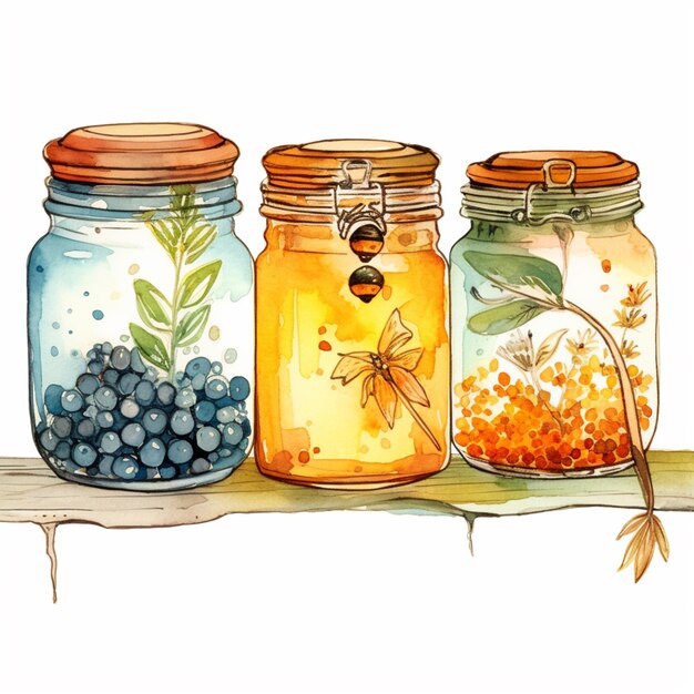 Photo there are three jars with different types of food in them generative ai