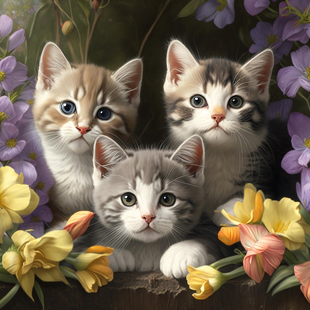 There are three kittens sitting in a flower box together generative ai