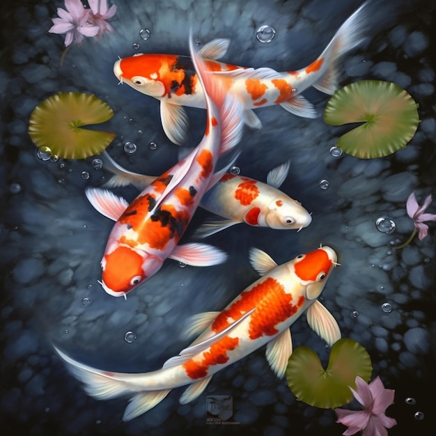 There are three koi fish swimming in a pond of water generative ai