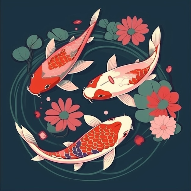 There are three koi fish swimming in a pond of water generative ai