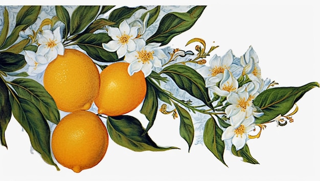 there are three lemons on a branch with white flowers generative ai