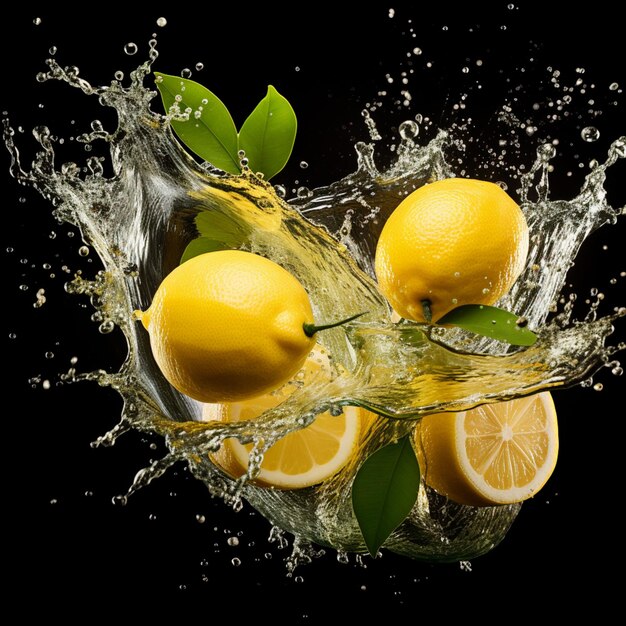 There are three lemons splashing into a glass bowl with water generative ai